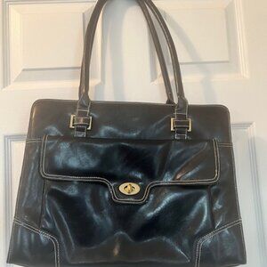 Buxton Black Leather Handbag – Structured Satchel with Gold Hardware